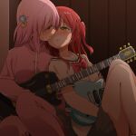  2girls bangs blue_eyes blush bocchi_the_rock! bow breasts commentary_request cube_hair_ornament electric_guitar embarrassed gibson_les_paul gotou_hitori guitar hair_between_eyes hair_ornament head_on_another&#039;s_shoulder highres holding holding_instrument imminent_kiss indoors instrument jacket kagiana kita_ikuyo leaning_on_person legs_folded long_hair looking_at_another medium_breasts medium_hair miniskirt multiple_girls neckerchief open_mouth pants parted_lips pink_hair pink_jacket pink_pants pleated_skirt ponytail red_hair school_uniform serafuku side_ponytail sitting skirt small_breasts sweat sweatdrop thighs track_jacket yellow_eyes yuri 