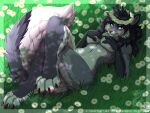  2022 4_toes anthro artist_name black_hair canid canine canis covering_own_breasts crossed_legs daisies daisy_(flower) dated digital_drawing_(artwork) digital_media_(artwork) dipstick_tail enfield feet female flower flower_crown fluffy fluffy_tail fur furry_breasts grass grey_body grey_fur hair hand_on_own_breast hioshiru_(character) looking_at_viewer lying mammal mark_haynes markings multicolored_body multicolored_fur navel on_back on_grass paws pink_nose plant solo tail_markings text toes two_tone_body two_tone_fur under_shade url white_body white_fur wolf 