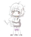  1girl ahoge bangs blush chibi closed_mouth cowlick drawstring full_body grey_footwear grey_hair grey_hoodie holding holding_stuffed_toy holding_toy hood hood_down hoodie knees_together_feet_apart long_hair magia_record:_mahou_shoujo_madoka_magica_gaiden mahou_shoujo_madoka_magica miwa_mitsune pantyhose pigeon-toed purple_pantyhose shoes short_hair simple_background sketch solo split_mouth star_(symbol) stuffed_squid stuffed_toy swept_bangs toy wand white_background worried yellow_eyes you2 
