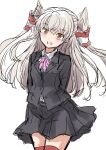  1girl alternate_costume amatsukaze_(kancolle) arms_behind_back black_jacket black_skirt blazer brown_eyes fuji_(pixiv24804665) grey_hair hair_tubes highres jacket kantai_collection long_hair neck_ribbon pink_ribbon pleated_skirt red_thighhighs ribbon school_uniform simple_background skirt solo thighhighs two_side_up white_background 