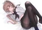  1girl bangs bed_sheet blush brown_eyes brown_hair brown_neckerchief brown_sailor_collar closed_mouth hair_between_eyes hair_ribbon hololive hololive_english knees_up long_hair long_sleeves looking_at_viewer lying multicolored_hair nanashi_mumei neckerchief no_shoes on_back on_bed panties panties_under_pantyhose pantyhose ribbon sailor_collar shirt sleeves_past_wrists solo steepled_fingers streaked_hair underwear virtual_youtuber white_shirt yuzukicture 