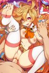  1boy 1girl ascot bangs blonde_hair blush book braid breasts dragalia_lost hetero highres holding_hands knee_up large_breasts leg_up long_hair looking_at_viewer merunyaa monocle navel nipples open_mouth orange_ascot penis pink_eyes pink_thighhighs pussy sex shiny shiny_skin sinoa sweat thighhighs toeless_legwear toes vaginal white_thighhighs 