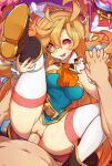  1boy 1girl :d artist_name ascot belt black_footwear blonde_hair blush book boots braid breasts brown_belt dragalia_lost foot_out_of_frame green_shirt hetero highres holding_hands knee_up large_breasts leg_up long_hair looking_at_viewer merunyaa monocle no_panties open_mouth orange_ascot penis pink_eyes pussy sex shiny shiny_skin shirt signature sinoa smile thighhighs vaginal white_thighhighs wrist_cuffs 