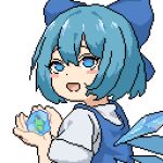  1586611428 1girl blue_bow blue_dress blue_eyes blue_hair blush_stickers bow cirno detached_wings dress from_behind frozen_frog hair_between_eyes hair_bow happy ice ice_wings looking_at_viewer looking_back open_mouth pinafore_dress pixel_art shirt short_hair short_sleeves simple_background solo touhou upper_body white_background white_shirt wings 
