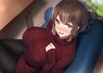  1girl bangs black_pantyhose blush breasts brown_hair couch fang hair_between_eyes highres indoors large_breasts long_sleeves looking_at_viewer mature_female open_mouth original pantyhose ponytail red_eyes red_sweater ribbed_sweater sasakuma_kyouta sitting sleeves_past_wrists smile solo sweater table turtleneck turtleneck_sweater wooden_floor 