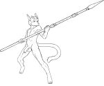  anthro athletic canid fluffy_ears foreskin genitals hi_res horn humanoid_genitalia male mammal melee_weapon penis polearm pommel rinn_(retreat_hell) solo spear weapon 