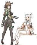  2girls alternate_costume alternate_hair_length alternate_hairstyle arknights armband ass bodysuit breast_cutout bright_pupils brown_hair covered_nipples crossed_legs crotch_cutout drawfag from_behind full_body hand_on_own_leg high_heels holding infection_monitor_(arknights) invisible_chair jacket jacket_on_shoulders looking_at_viewer medium_hair multiple_girls orange_eyes ptilopsis_(arknights) rhine_lab_logo round_eyewear short_hair shrug_(clothing) silence_(arknights) simple_background sitting standing syringe tiptoes turning_around white_hair white_pupils 