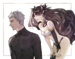  1boy 1girl alternate_universe appleale19 archer_(fate) black_hair black_panties black_shirt black_thighhighs breasts dark-skinned_male dark_skin detached_sleeves earrings fate/grand_order fate/stay_night fate_(series) from_side grey_eyes grey_hair hair_ornament hair_ribbon hands_on_own_thighs hoop_earrings ishtar_(fate) jewelry long_hair panties red_eyes ribbon role_reversal shirt simple_background single_detached_sleeve single_sleeve single_thighhigh smile thighhighs underwear white_background 