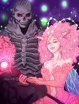  1boy 1girl antennae artist_name bare_shoulders berserk breasts cleavage collarbone elbow_gloves english_commentary flower_storm_monarch_(berserk) gloves highres holding holding_staff looking_at_another madzirim navel open_mouth parted_lips pink_gloves pink_hair pointy_ears red_eyes skeleton skull_knight_(berserk) smile staff 