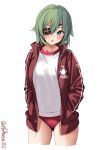  1girl ass_visible_through_thighs blue_eyes blush breasts buruma cropped_legs ebifurya eyepatch green_hair hair_between_eyes hands_in_pockets highres jacket kantai_collection kiso_(kancolle) kiso_kai_ni_(kancolle) long_sleeves official_alternate_costume one-hour_drawing_challenge open_mouth red_jacket shirt solo track_jacket twitter_username white_background white_shirt 