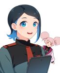  2girls afro_puffs asticassia_school_uniform bangs black_hair blue_eyes blue_hair chuatury_panlunch colored_inner_hair commentary grey_jacket gundam gundam_suisei_no_majo holding holding_tablet_pc jacket kamille_(vcx68) long_sleeves looking_at_viewer multicolored_hair multiple_girls nika_nanaura open_mouth peeking_out pink_eyes pink_hair pink_jacket school_uniform short_hair simple_background smile swept_bangs tablet_pc white_background 