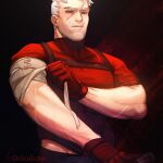  1boy artist_name bandaged_arm bandages bara gloves highres large_pectorals male_focus muscular muscular_male oricalcon overwatch overwatch_1 pectorals red_gloves red_shirt scar scar_on_face scar_on_mouth scar_on_nose shirt short_hair soldier:_76_(overwatch) solo white_hair 