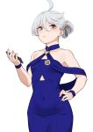  1girl ahoge alternate_hairstyle bangs blue_dress cellphone closed_mouth commentary covered_navel cowboy_shot dress frown grey_eyes grey_hair gundam gundam_suisei_no_majo hair_tie hair_up hand_on_hip highres holding holding_phone kamille_(vcx68) looking_at_viewer miorine_rembran pencil_dress phone short_hair simple_background smartphone solo standing strapless strapless_dress white_background wristband 