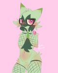  &lt;3 &lt;3_eyes anthro blush blush_lines breasts clothing eyeliner female fishnet fishnet_armwear fishnet_legwear fishnet_thigh_highs floragato fur genitals green_body green_fur hi_res legwear makeup pussy small_breasts solo thick_thighs tsuraipossum 