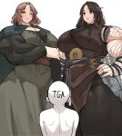  1boy 2girls absurdres alternate_breast_size bald braid breasts brown_hair cape cleavage crossover dress elden_ring expressionless freya_(god_of_war) giant giantess god_of_war highres long_hair melina_(elden_ring) multiple_girls musctonk muscular muscular_female one_eye_closed scar scar_across_eye size_difference smile standing tall_female the_game_awards 