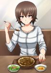  1girl bangs booth_seating bowl brown_eyes brown_hair casual closed_mouth commentary curry food girls_und_panzer grey_shirt highres holding holding_spoon indoors light_blush long_sleeves looking_at_viewer nishizumi_maho omachi_(slabco) plate saizeriya shirt short_hair smile solo spoon striped striped_shirt table 