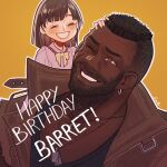  1boy 1girl artist_name bangs barret_wallace beard black_hair black_shirt blunt_bangs blush bow brown_eyes brown_hair brown_vest character_name closed_eyes dark-skinned_male dark_skin dog_tags dress dress_bow earrings facial_hair father_and_daughter female_child final_fantasy final_fantasy_vii final_fantasy_vii_remake hand_on_another&#039;s_face happy_birthday highres jewelry marlene_wallace one_eye_closed orange_background parted_lips pink_dress scar scar_on_cheek scar_on_face seilidare shirt short_hair single_earring sitting_on_shoulder smile teeth upper_body very_short_hair vest yellow_bow 