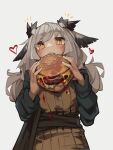  1girl absurdres animal_ears arknights bird_ears blush brown_sweater burger food grey_hair hands_up heart highres holding holding_food long_hair long_sleeves looking_at_viewer low_twintails ptilopsis_(arknights) simple_background solo sweater togekk0 twintails upper_body white_background yellow_eyes 