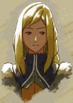  1girl aduti_momoyama agrias_oaks armor blonde_hair braid closed_mouth final_fantasy final_fantasy_tactics frown grey_eyes highres long_hair looking_at_viewer no_pupils shoulder_armor single_braid solo split_mouth turtleneck upper_body 