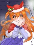  1girl :o back_bow bangs bow capelet christmas commentary cowboy_shot fur-trimmed_capelet fur_trim hat hat_bell hat_bow highres horse_girl horse_tail interlocked_fingers lens_flare long_hair long_sleeves looking_at_viewer mayano_top_gun_(umamusume) open_mouth orange_hair own_hands_together purple_shirt purple_skirt red_bow red_capelet santa_hat school_uniform shirt skirt snowing solo standing tail tracen_school_uniform two_side_up umamusume white_bow yuuichi_(reductionblack) 