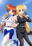  absurdres asymmetrical_hair bardiche blonde_hair bow fate_testarossa hair_bow highres long_hair looking_at_viewer low-tied_long_hair lyrical_nanoha mahou_shoujo_lyrical_nanoha_strikers microphone military military_uniform multiple_girls music official_art okuda_yasuhiro open_mouth pantyhose pencil_skirt purple_eyes raising_heart red_eyes red_hair scan shoes side_ponytail side_slit singing skirt smile sun takamachi_nanoha thighhighs tsab_air_military_uniform tsab_executive_military_uniform uniform very_long_hair white_legwear zettai_ryouiki 