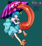  :p alphes_(style) blue_hair character_name geta highres karakasa_obake one_eye_closed parody pfalz purple_umbrella red_eyes short_hair smile solo style_parody tatara_kogasa tongue tongue_out touhou translation_request umbrella 