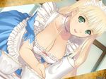  blonde_hair breasts clalaclan_philias cleavage cup frills green_eyes large_breasts leaning_forward long_hair maid shining_(series) shining_wind smile solo tanaka_takayuki tea teacup teapot tiara very_long_hair wallpaper watermark 