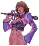  absurdres backlighting bottomless breasts brown_hair cleavage highres lipstick long_sleeves makeup medium_breasts nail_polish navel out-of-frame_censoring parted_lips purple_nails short_hair solo sword weapon wild_flower yamashita_shun'ya 