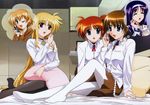  arisa_bannings bed bedroom black_legwear blonde_hair blue_eyes breasts brown_hair cat cellphone closed_eyes fate_testarossa feet hair_ornament hairband highres large_breasts legs lyrical_nanoha mahou_shoujo_lyrical_nanoha mahou_shoujo_lyrical_nanoha_strikers military military_uniform multiple_girls official_art okuda_yasuhiro one_eye_closed open_mouth pantyhose pencil_skirt phone pillow purple_eyes red_hair short_hair side_ponytail sitting skirt takamachi_nanoha tsab_ground_military_uniform tsukimura_suzuka uniform white_legwear x_hair_ornament yagami_hayate 