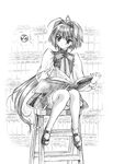  antenna_hair book bookshelf carnelian copyright_request greyscale highres ladder lineart long_hair monochrome non-web_source scan short_sleeves sitting solo stepladder thighhighs very_long_hair 