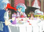  bat_wings blonde_hair blue_hair braid cake clearfile flandre_scarlet food in_the_face izayoi_sakuya maid maid_headdress multiple_girls prank red_eyes remilia_scarlet short_hair silver_hair spicy spit_take spitting tabasco tea touhou twin_braids wings 