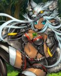  bangs black_gloves blue_eyes blue_hair blush breasts cleavage commentary_request dakusuta dark_elf dark_skin elbow_gloves elf gloves hair_between_eyes highres jewelry large_breasts long_hair midriff navel original pelt pointy_ears scar short_shorts shorts sitting smile solo thighhighs tree white_hair wolf_pelt zettai_ryouiki 