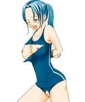  1girl bdsm blue_hair bondage bound breasts female nefertari_vivi one_piece pussy simple_background solo standing swimsuit torn_clothes torn_swimsuit uncensored vivi wink 