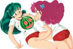  2girls ass bloomers food fruit green_eyes green_hair horns legs long_hair lum multiple_girls oni ran_(urusei_yatsura) thighs underwear urusei_yatsura watermelon 