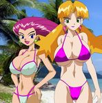  2girls artist_request beach bikini blonde_hair blue_eyes breasts cleavage earrings green_eyes hips jewelry long_hair midriff multiple_girls musashi_(pokemon) navel no_bangs open_mouth pink_hair pokemon small_waist smile swimsuit wide_hips yamato_(pokemon) 