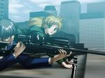  1boy 1girl cal_devens game_cg green_eyes gun long_hair outdoors phantom_integration phantom_of_inferno rifle riflescope scope sky sniper sniper_rifle sniping weapon zwei 