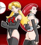  2girls artist_request ass blonde_hair blue_eyes earrings elbow_gloves fingerless_gloves gloves jewelry latex leotard long_hair multiple_girls musashi_(pokemon) no_bangs one-piece one-piece_swimsuit one-piece_thong pokemon purple_eyes red_hair skin_tight smile swimsuit team_rocket thighhighs thong thong_leotard yamato_(pokemon) 