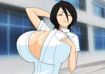  arm_up black_hair bleach cleavage cute-rukia eyes_closed gigantic_breasts kuchiki_rukia school_uniform shinigami short_hair 