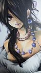  bare_shoulders beauty_mark black_hair breasts cleavage earrings female final_fantasy final_fantasy_x hair_over_one_eye jewelry long_hair lulu lulu_(final_fantasy) mole necklace pandataro purple_lips red_eyes solo 