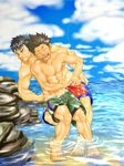  2boys abs beach black_hair blush boxers brown_hair eyes_closed friends itto_(mentaiko) laugh laughing lens_flare male male_focus mentaiko multiple_boys muscle muscles nipples original pecs sky spiked_hair sunlight sweatdrop swim_trunks underwear undressing water wink yaoi 