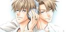  2boys blonde_hair blue_eyes earphones glasses kichiku_megane multiple_boys saeki_katsuya short_hair smile 