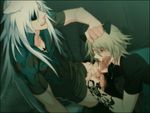  2boys animal_ears blonde_hair cat_ears catboy censored eyepatch fellatio konoe lamento long_hair multiple_boys oral penis rai saliva short_hair silver_hair tattoo tattoos yaoi 