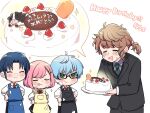  1girl 3boys apron birthday birthday_cake black_apron blue_apron blue_hair blush brown_hair cake carrot chibi closed_eyes cream cream_on_face crying ddd1919a doyagao food food_on_face green_eyes habataki_academy_uniform happy_birthday happy_tears hiiragi_yanosuke himuro_inori holding holding_cake holding_food long_hair mikage_kojirou multiple_boys pink_hair ponytail protagonist_(tokimemo_gs4) short_hair smug tears tokimeki_memorial tokimeki_memorial_girl&#039;s_side tokimeki_memorial_girl&#039;s_side_4th_heart tongue tongue_out yellow_apron 