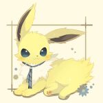  :3 blush closed_mouth commentary_request full_body highres jolteon looking_to_the_side lying no_humans pokemon pokemon_(creature) smile solo ushiina yellow_fur 