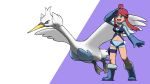  1girl arm_up bangs bird blacknirrow blue_eyes blue_footwear blue_gloves blue_ribbon blue_shirt blue_shorts boots breasts commentary crop_top english_commentary full_body gloves grey_eyes hair_ribbon happy highres legs long_hair long_sleeves looking_to_the_side medium_breasts navel open_mouth pokemon pokemon_(creature) pokemon_(game) pokemon_bw pouch purple_background red_hair ribbon shading_eyes shirt short_shorts shorts simple_background skyla_(pokemon) smile standing stomach swanna teeth thigh_pouch thigh_strap thighs topknot two-tone_background white_background 