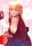  1girl :d artist_name azur_lane balloon bangs blonde_hair blush breasts cleavage collarbone commentary dermar english_commentary festival fingernails floral_print hair_between_eyes highres japanese_clothes kimono large_breasts lens_flare long_fingernails long_hair long_sleeves looking_at_viewer mixed-language_commentary obi open_mouth pov print_kimono red_eyes red_kimono revision richelieu_(azur_lane) sash sidelocks smile solo squatting summer_festival tearing_up water_balloon water_yoyo wide_sleeves yukata 