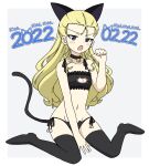  1girl animal_ears assam_(girls_und_panzer) bell black_ribbon black_thighhighs blonde_hair blue_eyes blush bra cat_cutout cat_day cat_ear_panties cat_ears cat_lingerie cat_tail cleavage_cutout clothing_cutout commentary dated flat_chest frilled_bra frills frown full_body girls_und_panzer glaring groin hair_pulled_back hair_ribbon highres ichinose_jun jingle_bell lingerie long_hair looking_at_viewer meme_attire navel neck_bell open_mouth panties paw_pose ribbon side-tie_panties simple_background sitting solo tail thighhighs translated underwear wariza 