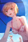  3girls arm_support ball beach_umbrella beachball bikini black_bikini blonde_hair blue_sky blush_stickers breasts caenis_(fate) caenis_(swimsuit_rider)_(fate) cleavage cloud collarbone commentary_request fate/grand_order fate_(series) food_print gareth_(fate) gareth_(swimsuit_saber)_(fate) green_eyes highres large_breasts looking_at_viewer medium_breasts mordred_(fate) mordred_(swimsuit_rider)_(fate) multiple_girls navel open_mouth outdoors ponytail red_bikini short_hair sky smile strawberry_print swimsuit tesin_(7aehyun) umbrella white_background 