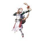  1girl aiming annette_fantine_dominic aqua_eyes arrow_(projectile) bandana blue_eyes boots bow_(weapon) breasts candy candy_cane cape cleavage dress fire_emblem fire_emblem:_three_houses fire_emblem_heroes fire_emblem_warriors:_three_hopes food gloves hair_rings holding holding_arrow holding_candy holding_candy_cane holding_food official_alternate_costume official_alternate_hairstyle official_art orange_hair red_cape small_breasts solo teeth upper_teeth weapon white_dress 