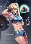  1girl abs barbell biceps blonde_hair blue_eyes crop_top eyelashes hand_on_own_head highres looking_at_another mau_mora metroid metroid_(creature) muscular muscular_female navel ponytail samus_aran short_shorts shorts smile standing stomach sweat thermos 